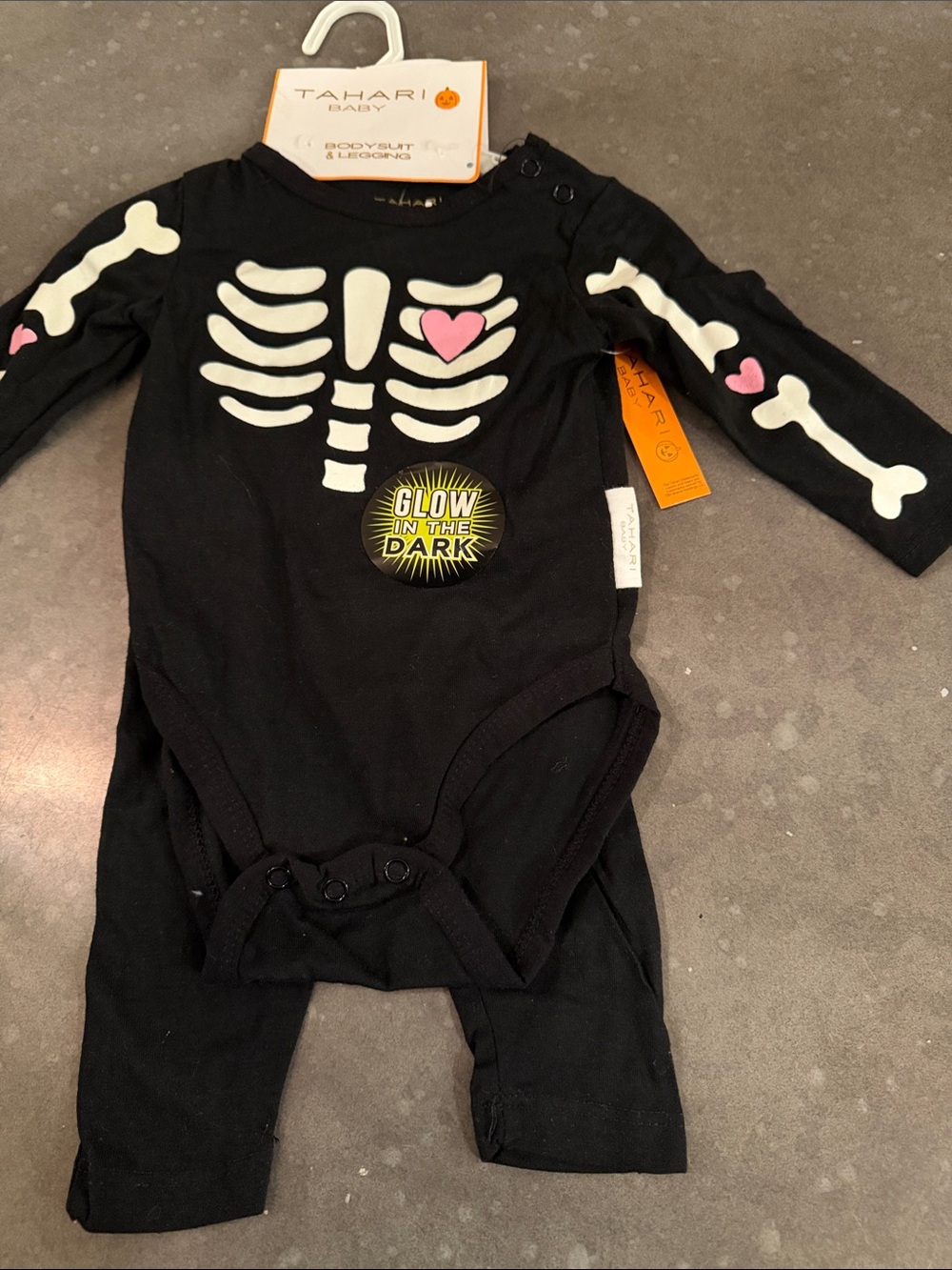 Tahari Black Glow-in-the-Dark Skeleton Bodysuit with Pink Heart Accents